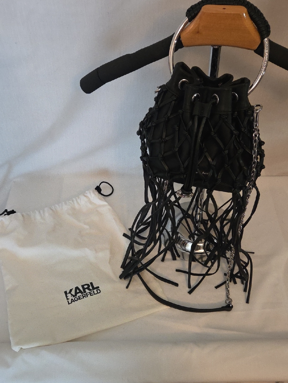Karl Lagerfeld Black Fringe Drawstring Mini Bucket Bag